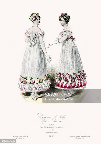 costumes de bal - 19th century fashion - styles stock illustrations