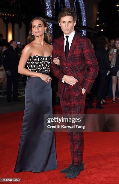 Eddie Redmayne and Alicia Vikander attend the UK Film Premiere of "The Danish Girl" on December 8, 2015 in London, United Kingdom.