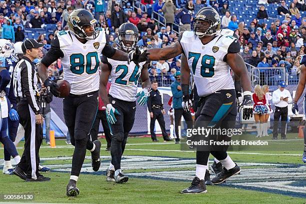 Julius Thomas of the Jacksonville Jaguars is congratulated by teammate Jermey Parnell after scoring a touchdown against the Tennessee Titans at...