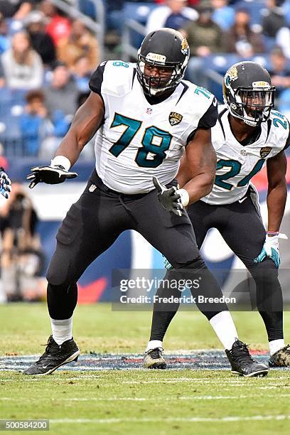 Jermey Parnell of the Jacksonville Jaguars plays against the Tennessee Titans at Nissan Stadium on December 6, 2015 in Nashville, Tennessee.