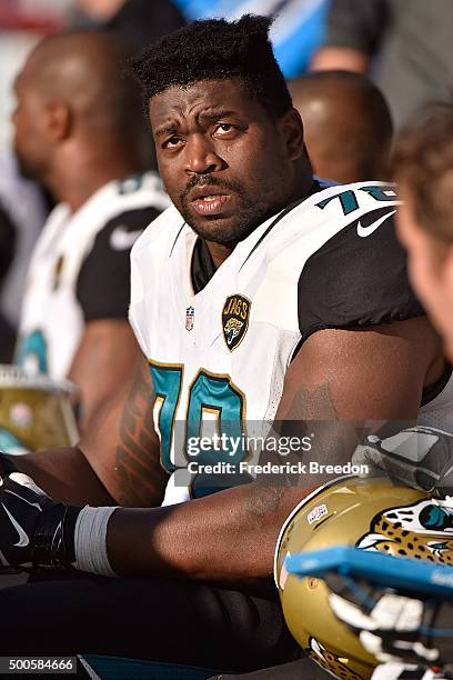 Jermey Parnell of the Jacksonville Jaguars watches from the sideline during a game against the Tennessee Titans at Nissan Stadium on December 6, 2015...