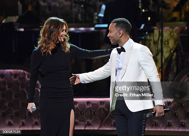 Singer Katharine McPhee and recording artist John Legend perform during "Sinatra 100: An All-Star GRAMMY Concert" celebrating the late Frank...