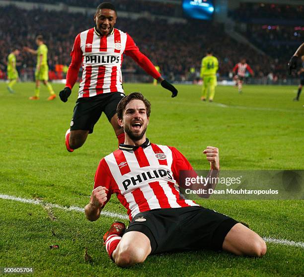 Davy Propper of PSV celebrates scoring his teams second goal of the game during the group B UEFA Champions League match between PSV Eindhoven and...