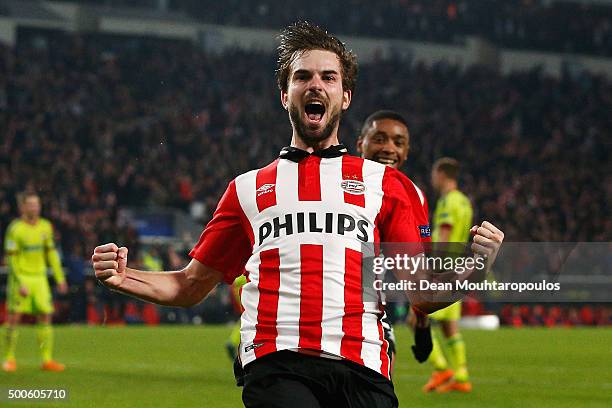 Davy Propper of PSV celebrates scoring his teams second goal of the game during the group B UEFA Champions League match between PSV Eindhoven and...