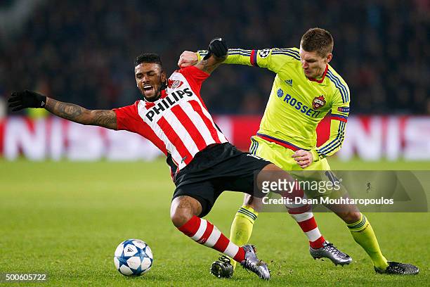 Jurgen Locadia of PSV is tackled and fouled by Kirill Nababkin of CSKA during the group B UEFA Champions League match between PSV Eindhoven and CSKA...
