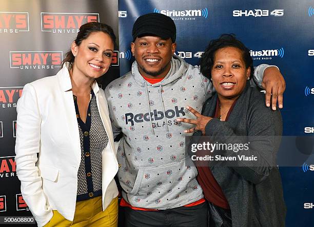 Personality Vanessa Lachey with Shade 45/Sway co-hosts Sway Calloway and Heather B. Gardner visit Shade 45/Sway at SiriusXM Studios on December 9,...