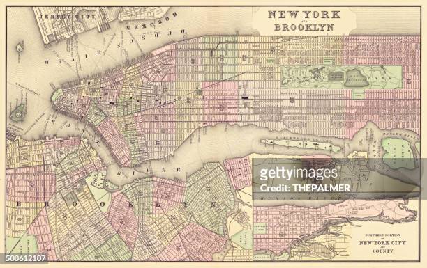 karte von new york city im jahr 1886 - brooklyn new york stock-grafiken, -clipart, -cartoons und -symbole