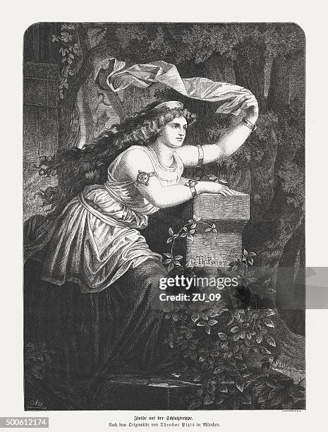 stockillustraties, clipart, cartoons en iconen met iseult on the castle stair, published in 1875 - isolde