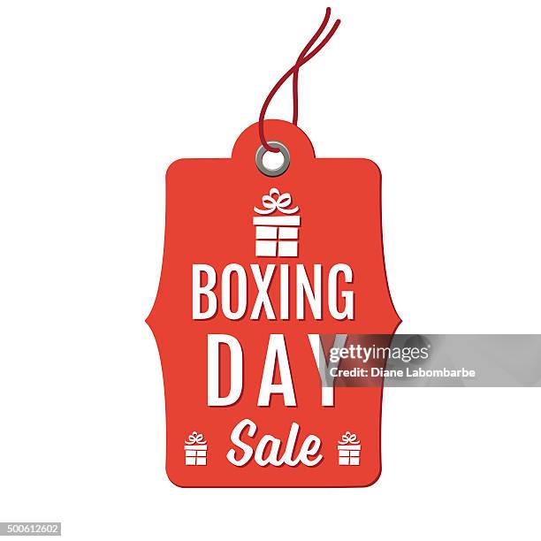 ilustraciones, imágenes clip art, dibujos animados e iconos de stock de rojo de navidad de boxeo colgando etiquetas venta día - día de las cajas