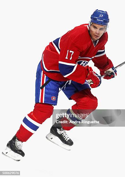 Eric Tangradi of the Montreal Canadiens plays in the game against the Detroit Red Wings at the Bell Centre on October 21, 2014 in Montreal, Quebec,...