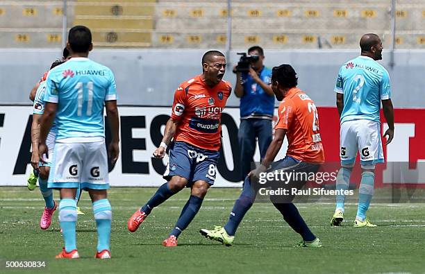 Donald Millan of Cesar Vallejo celebrates the first goal of his team against Sporting Cristal during a second leg semifinal match between Cesar...