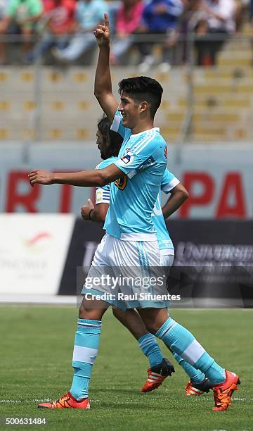 Alexis Cossio of Sporting Cristal celebrates after scoring the first goal of his team against Cesar Vallejo during a second leg semifinal match...
