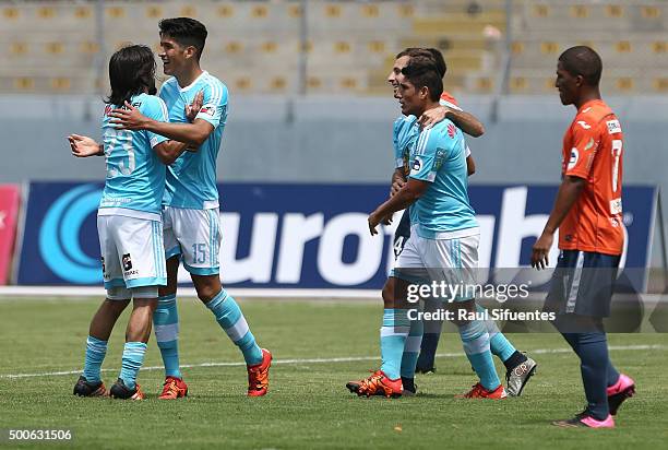 Alexis Cossio of Sporting Cristal celebrates after scoring the first goal of his team against Cesar Vallejo during a second leg semifinal match...