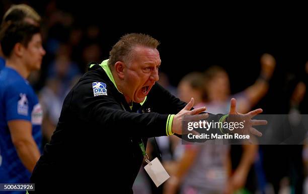 Michael Biegler, head coach of Hamburg reacts during the DKB Bundesliga handball match between HSV Handball and Fuechse Berlin at Barclaycard Arena...