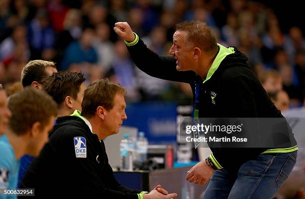 Michael Biegler, head coach of Hamburg gives instructions during the DKB Bundesliga handball match between HSV Handball and Fuechse Berlin at...