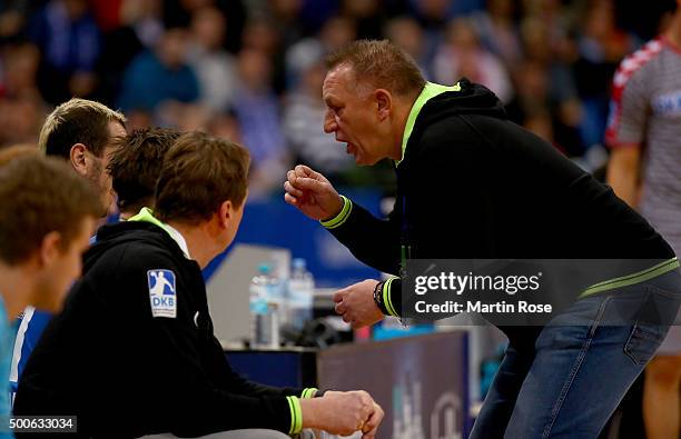 Michael Biegler, head coach of Hamburg gives instructions during the DKB Bundesliga handball match between HSV Handball and Fuechse Berlin at...