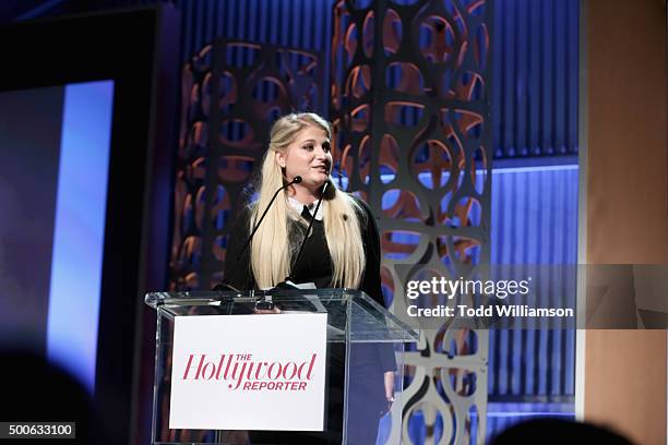 Singer Meghan Trainor speaks onstage during the 24th annual Women in Entertainment Breakfast hosted by The Hollywood Reporter at Milk Studios on...