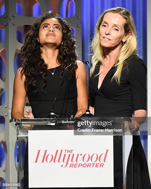Mentee Larisa Ramirez and BBBS mentor Tana Jamieson speak onstage during the 24th annual Women in Entertainment Breakfast hosted by The Hollywood...