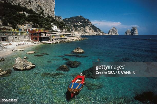 Marina Piccola, with the Faraglioni in the background, Isle of Capri, Campania, Italy.