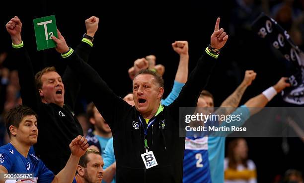 Michael Biegler, head coach of Hamburg celebrates during the DKB Bundesliga handball match between HSV Handball and Fuechse Berlin at Barclaycard...