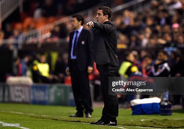 Gary Neville manager of Valencia makes a point during the UEFA Champions League Group H match between Valencia CF and Olympique Lyonnais at Estadio...