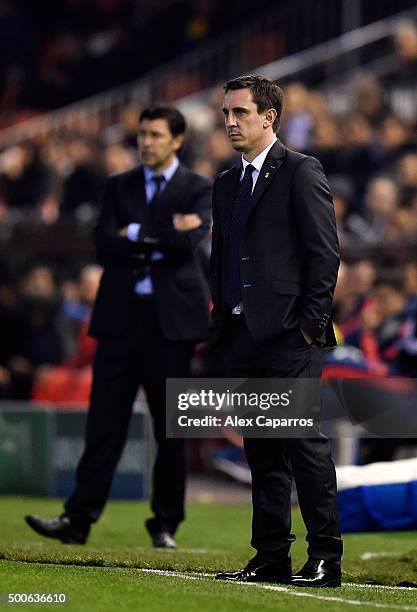 Gary Neville manager of Valencia looks on during the UEFA Champions League Group H match between Valencia CF and Olympique Lyonnais at Estadio...