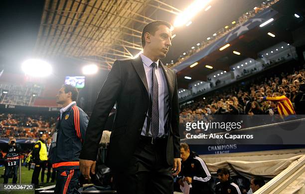 Gary Neville manager of Valencia looks on from the bench prior to the UEFA Champions League Group H match between Valencia CF and Olympique Lyonnais...