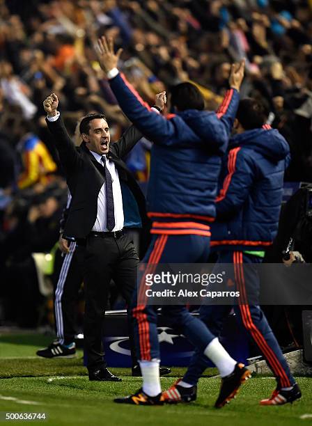 Gary Neville manager of Valencia reacts during the UEFA Champions League Group H match between Valencia CF and Olympique Lyonnais at Estadio Mestalla...