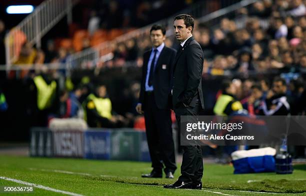 Gary Neville manager of Valencia looks on during the UEFA Champions League Group H match between Valencia CF and Olympique Lyonnais at Estadio...