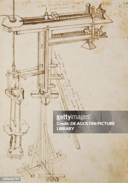 Machine for hoisting weights, view of Brunelleschi's revolving crane with hoist, by Bonaccorso Ghiberti , 1366-1368, Banco Rari manuscript 228, 106...