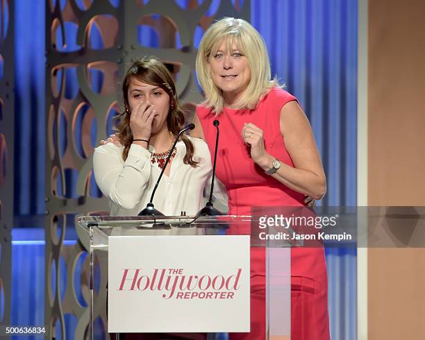 Mentee Laura Espitia and BBBS mentor Rebecca Campbell speak onstage during the 24th annual Women in Entertainment Breakfast hosted by The Hollywood...