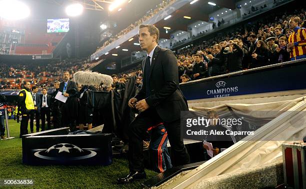 Gary Neville manager of Valencia looks on from the bench prior to the UEFA Champions League Group H match between Valencia CF and Olympique Lyonnais...