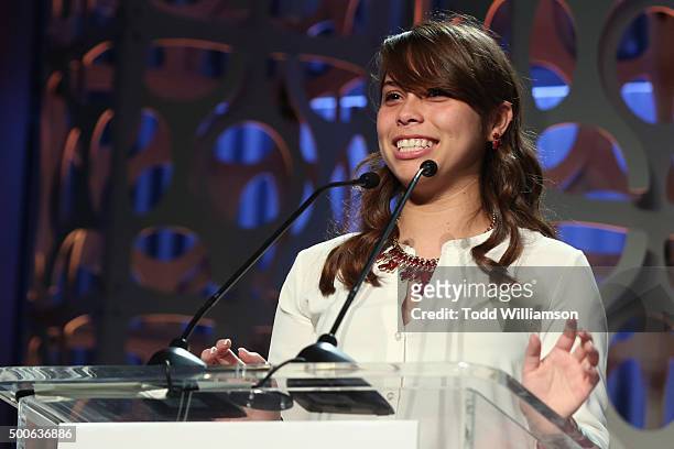 Mentee Laura Espitia speaks onstage during the 24th annual Women in Entertainment Breakfast hosted by The Hollywood Reporter at Milk Studios on...