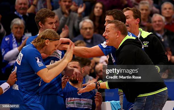 Michael Biegler, head coach of Hamburg celebrates during the DKB Bundesliga handball match between HSV Handball and Fuechse Berlin at Barclaycard...