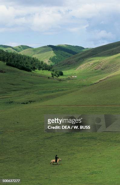 Man riding a horse in the steppe, Khujirt region, Mongolia.