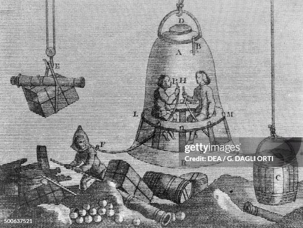 Diving bell designed by Edmond Halley , engraving. Paris, Bibliothèque Des Arts Decoratifs