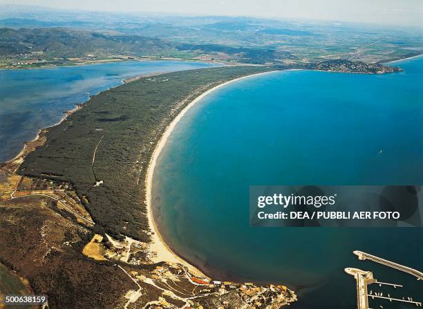 La Feniglia sand dune seen from Monte Argentario and to the left, the lagoon of Levante, Orbetello, Tuscany, Italy.