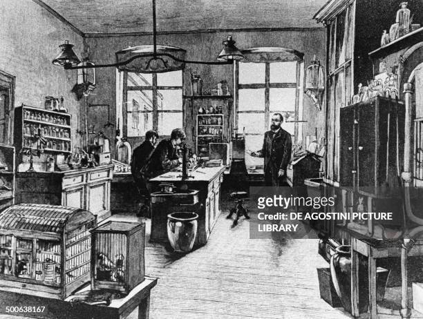 The bacteriologist Robert Koch , Nobel Prize for medicine in 1905, in his laboratory, engraving.