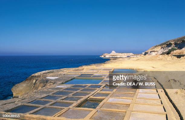 Saltpans carved into the rock, Qbajjar, Gozo island, Malta.