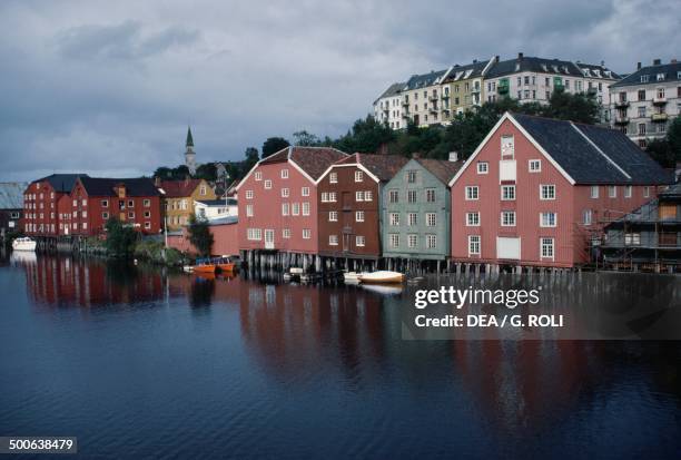 Wooden buildings along the Nidelva river, Trondheim, Sor-Trondelag county, Norway.