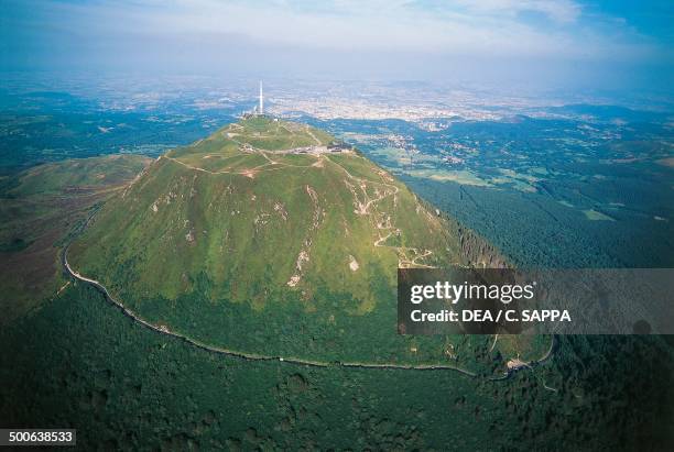 Aerial view of Puy-de-Dome, Auvergne Volcanoes regional park, France.