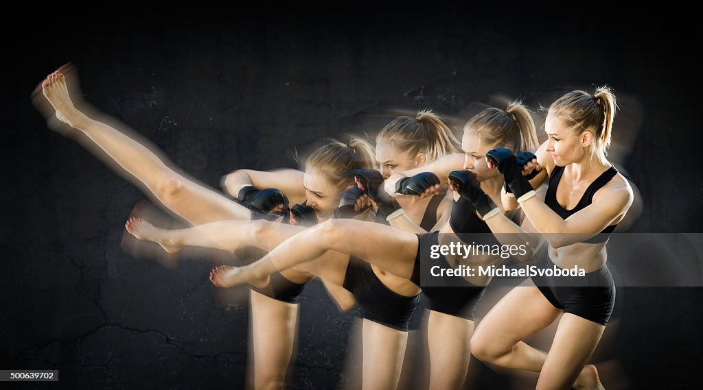 Sequence Image Of Women Fighter Kicking