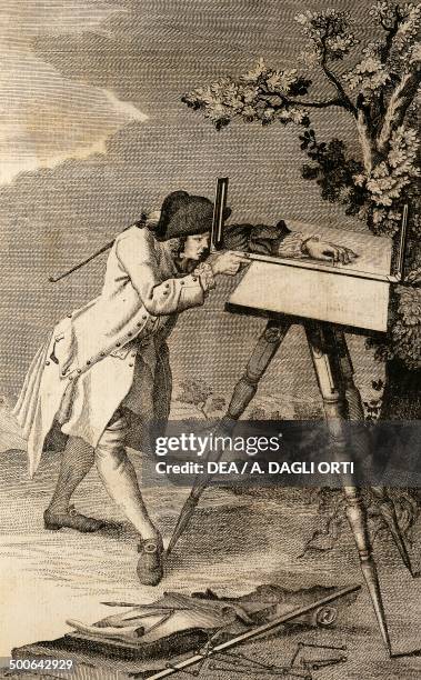 Surveyor at work, engraving from the book De re ichnographica cuius hodierna praxis exponitur et propriis ex pluribus illustratur by Giovanni Giacomo...