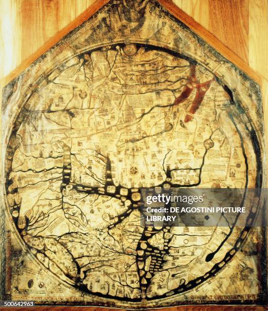 Hereford mappa mundi, 1276-1283, made by Richard of Haldingham, ink and watercolour on parchment, Hereford cathedral, United Kingdom.
