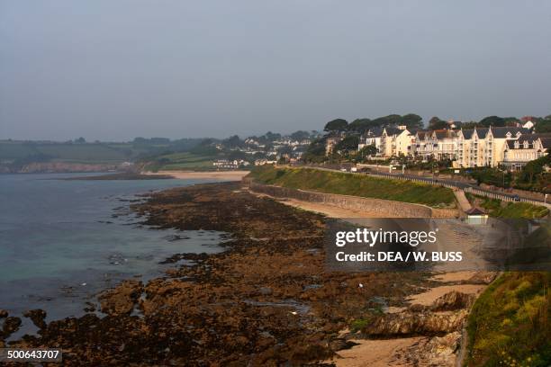 The seafront and beach, with the town of Falmouth in the background, Cornwall, England, United Kingdom.