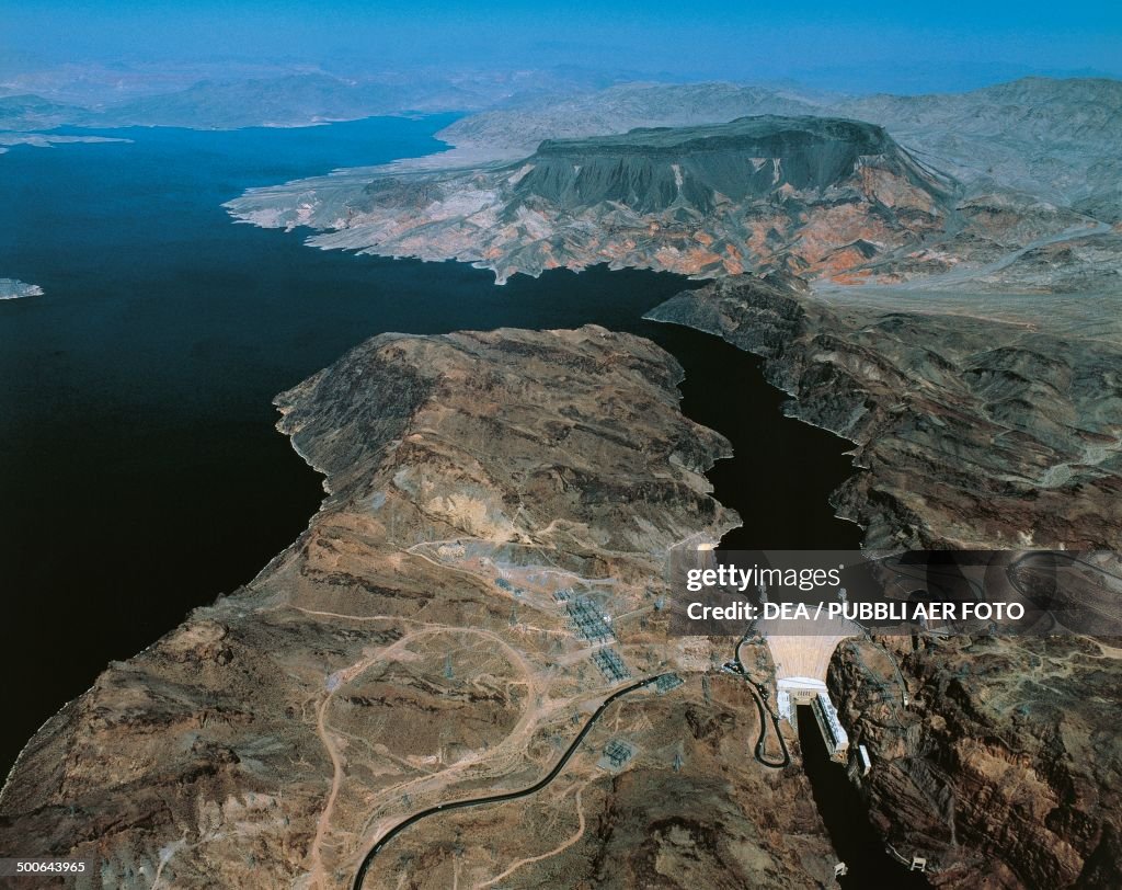 The Hoover Dam with Colorado River and Lake Mead...