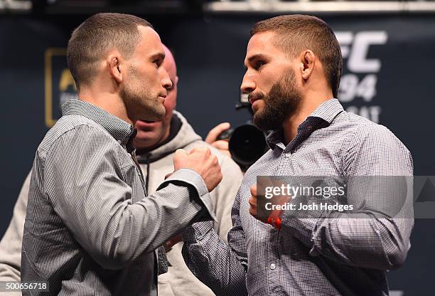 Opponents Frankie Edgar and Chad Mendes face off during the UFC Press Conference inside MGM Grand Garden Arena on December 9, 2015 in Las Vegas,...