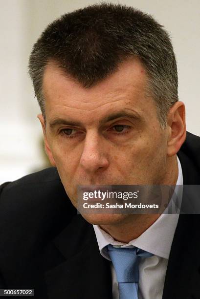 Russian billionaire, businessman, Onexim Group owner Mikhail Prokhorov attends a meeting with members of the Board of Trustees of the Mariinsky...