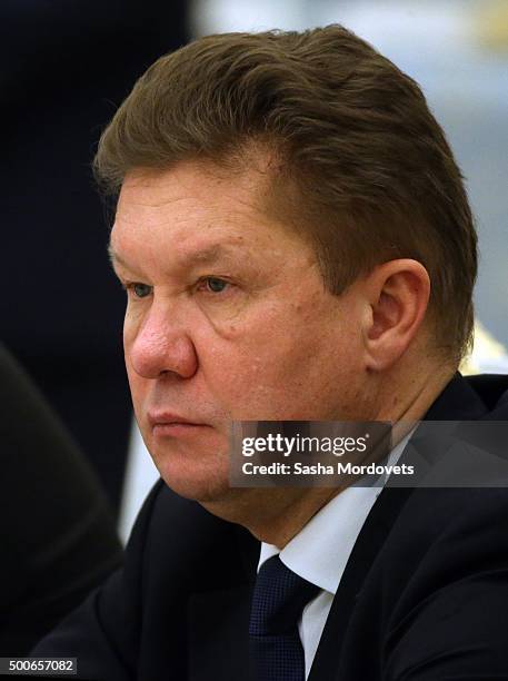 Of Gazprom Alexei Miller attends a meeting with members of the Board of Trustees of the Mariinsky Theatre at the Kremlin on December 9, 2015 in...