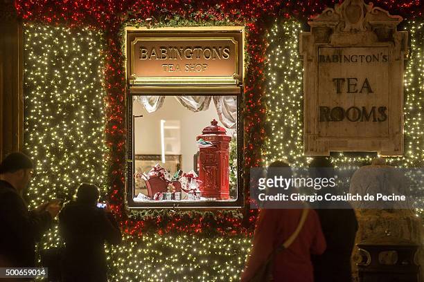 The Babingtons tea shop in Piazza di Spagna is decorated with Christmas lights on December 9, 2015 in Rome, Italy.
